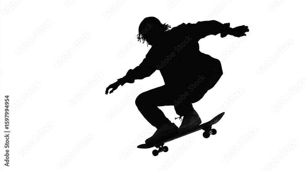Silhouette of a skateboarder mid-air, performing a trick, showcasing dynamic movement and balance against a stark white background Silhouette of a skateboarder mid-air, performing a trick, showcasing dynamic movement and balance against a stark white background