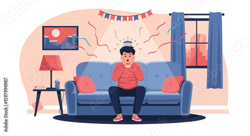 Surprise Party: Unexpected Celebration For Young Man Home Celebration Vector Illustration