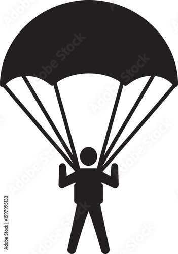 Parachutist silhouette descending with open parachute, symbolizing adventure, extreme sports, and military airborne operations, perfect for themes of freedom