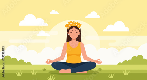 Woman Meditating Outdoors Serene Spiritual Practice Promoting Mindfulness And Wellbeing