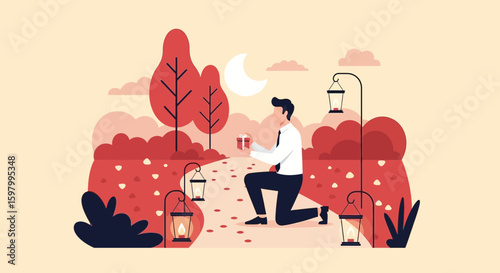 Romantic Evening Proposal Under Moonlight In A Decorative Park Illustration