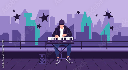 Synthesizer Performance With Stars In The Urban Skyline Silhouette At Night