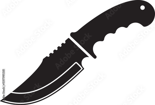 Black silhouette of a sharp tactical survival knife, representing danger, self-defense, and outdoor adventure, perfect for security or wilderness themes