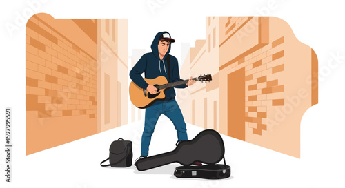 Talented Young Musician Performing On The City Street With Guitar
