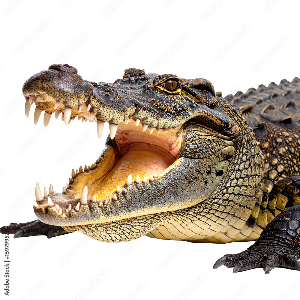 Obraz premium Close up of a fierce crocodile with its mouth wide open isolated on transparent background