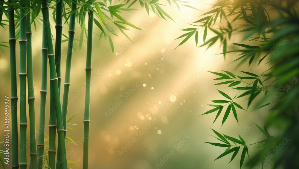 Fototapeta premium Green bamboo stalks and leaves with sunlight filtering through, creating a peaceful and natural atmosphere.