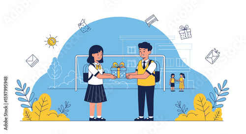 Thoughtful Schoolboy Giving Present To Classmate In Front Of School Building