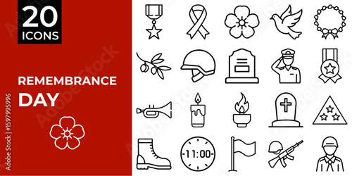 Remembrance Day icon set featuring symbols of honor and tribute  