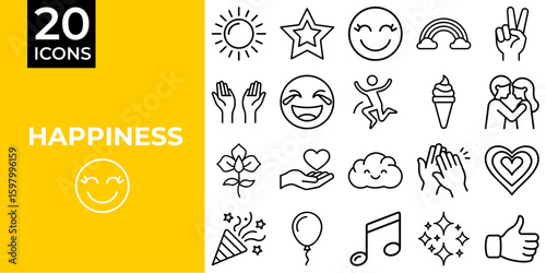 Collection of happiness icons featuring smiles, hearts, and celebration symbols  