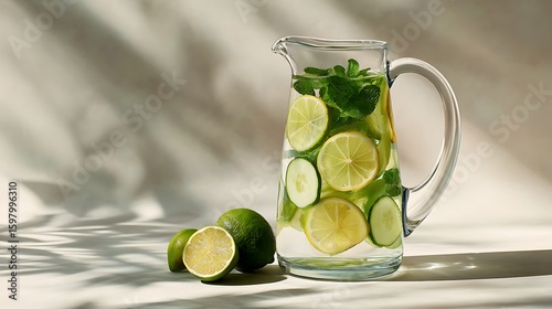 Glass pitcher with infused water and clean minimal backdrop