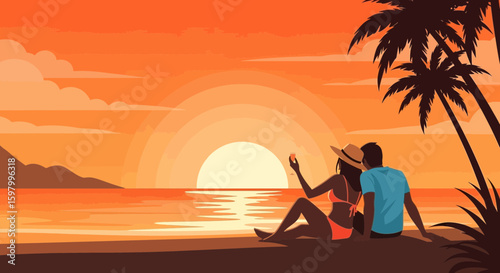 Romantic Getaway At Tropical Beach With Palms And Couple Watching Sunset