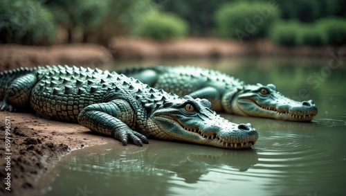 Two crocodiles resting by the water's edge, with lush greenery in the background. Reptiles and nature scene. Wildlife and aquatic habitat.