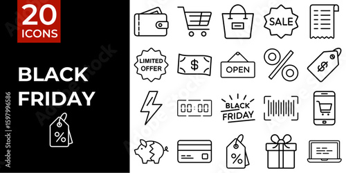 Black Friday icon set featuring shopping symbols and discounts  