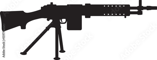 Heavy machine gun silhouette on a tripod, symbolizing military power, defense, and combat, ideal for themes of war, security, or tactical operations