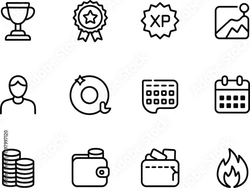 Collection of modern line art icons representing achievement finance and time management