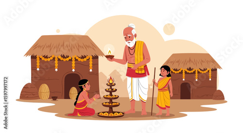 Traditional Indian Village Scene With Guru Offering Blessings To Two Devotees