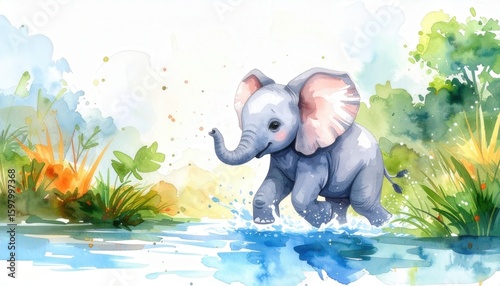 A charming illustration of an elephant calf joyfully playing in a serene river. Witness the playful nature. The light and refreshing colors in watercolor.