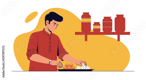 Traditional Preparation Of Food By A Man In Ethnic Dress With A Clean Design
