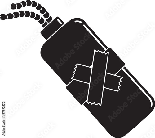 A striking silhouette of a makeshift bomb or explosive device, featuring a container with wires and taped elements, representing danger, threat, and potential terrorism