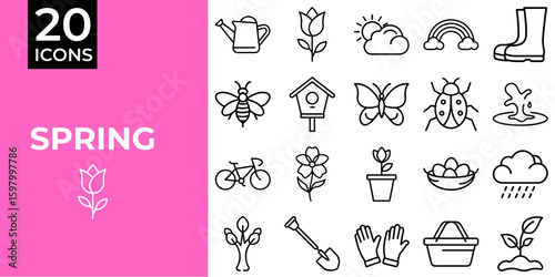 Spring icon set featuring gardening, flowers, and nature elements  