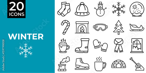Winter themed icon set featuring snowflakes, mittens, and festive items  