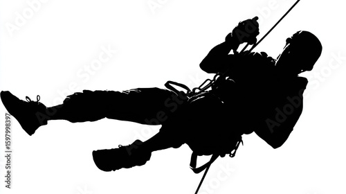 Silhouette of a person rappelling down a rope, equipment visible, against a white background