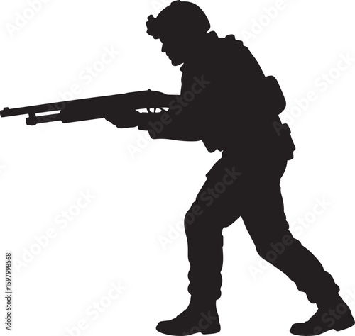 Combat soldier silhouette in tactical gear, holding a shotgun, representing military action, readiness, and defense in a high-intensity environment