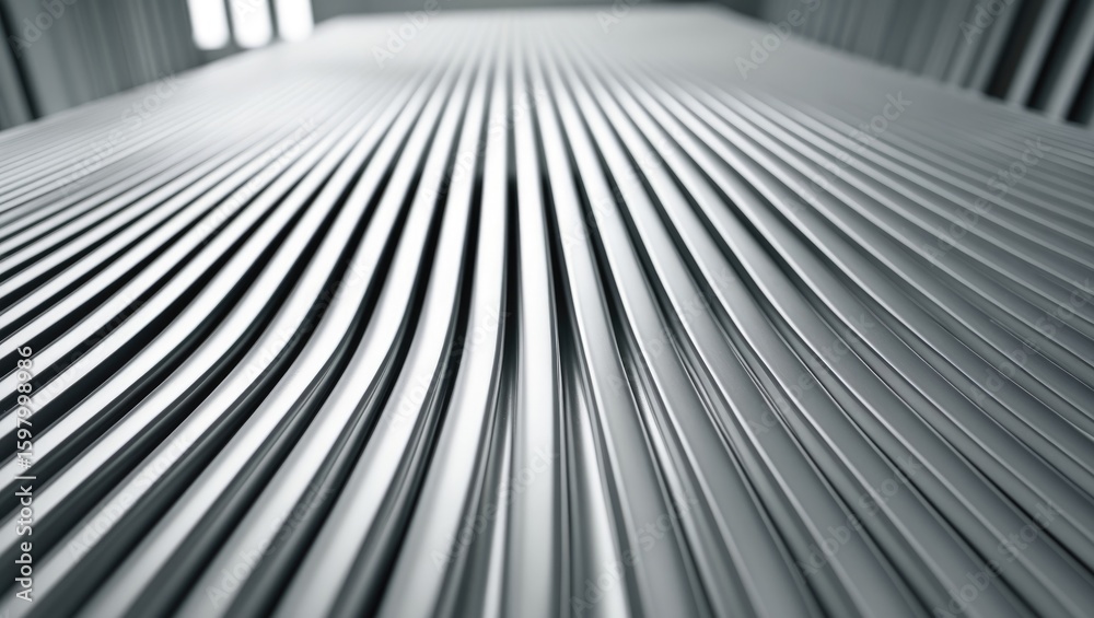Naklejka premium Close-up of metallic lines or ridges with reflective surface, creating a pattern. Modern architectural design or interior element. Industrial and sleek aesthetic.
