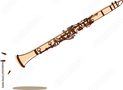 Vector illustration of a clarinet on white background. Elegant woodwind instrument used in classical, jazz, and orchestral music. Ideal for music designs, posters, or educational materials.