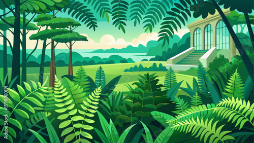Very beautiful green ferns in a botanical garden. summer natural background. panoramic view.