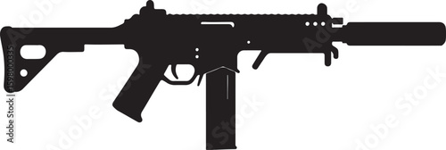 A modern tactical submachine gun silhouette, featuring a short barrel and suppressor, representing military, law enforcement, and security concepts as a powerful vector graphic