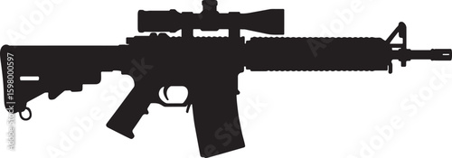 Black silhouette of an automatic assault rifle with a scope, representing military weaponry, war, and defense, ideal for tactical or security concepts