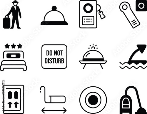 Collection of hotel service icons representing hospitality and travel amenities