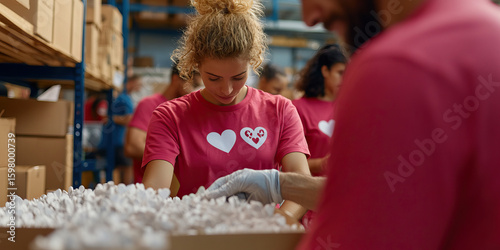 Volunteer Sorting Packing Material in Warehouse