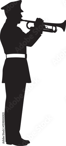 A silhouetted military trumpeter in full uniform playing a mournful melody, evoking remembrance, honor, and solemn occasions with a powerful musical instrument