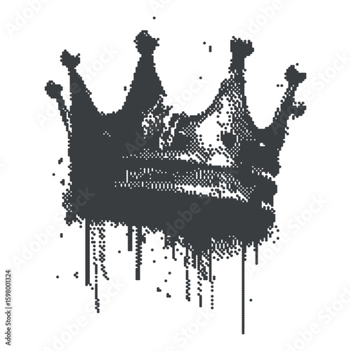 Grungy crown graffiti in punk stencil art style with halftone dot texture and dripping paint. Grunge urban sticker for album covers, streetwear prints, posters.
