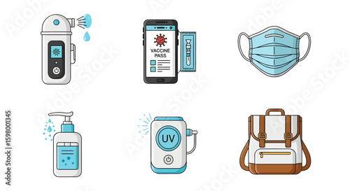 Vector illustration featuring essential items for safety and hygiene, including hand sanitizer, mask, vaccine pass on a phone, UV sterilizer, water purifier, and a backpack.