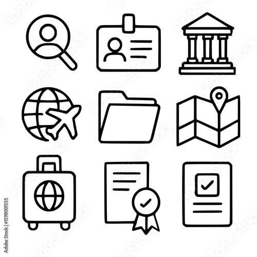 Business Travel and Document Outline Icon Set Isolated