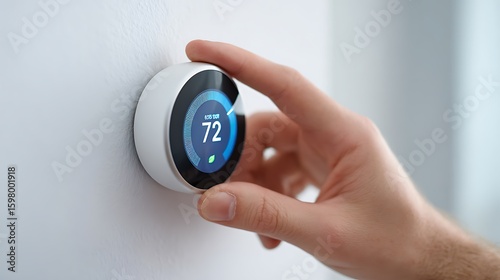 Hand adjusting modern thermostat on white wall