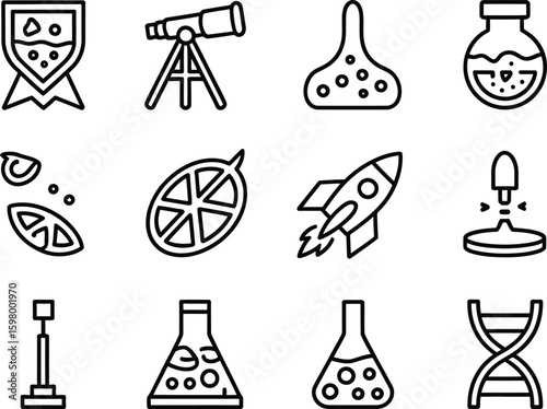 Collection of science and education icons in a clean line art style