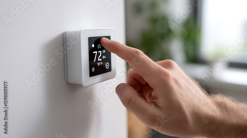 Hand adjusting thermostat on white smart home wall