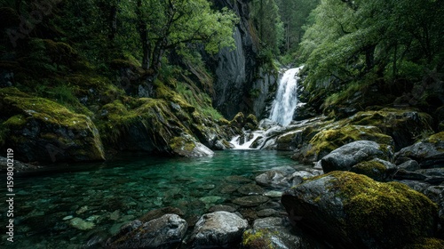 Waterfall Cascading Into Pool in Mossy Forest