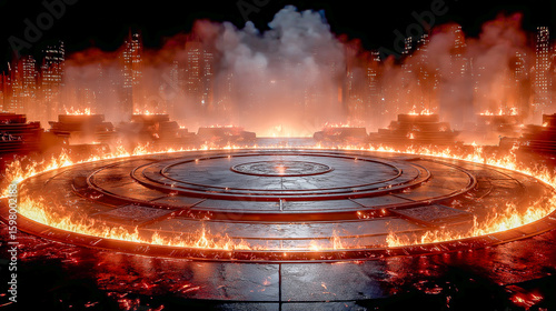Fiery Circular Arena in a Futuristic Cityscape