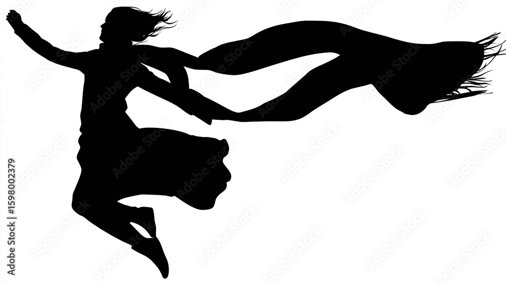 Naklejka premium Silhouette of a person leaping forward with a long, flowing scarf, creating a dynamic and energetic image