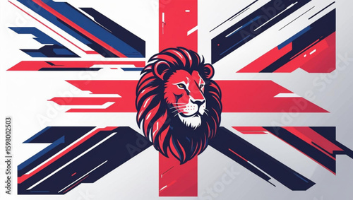 Dynamic and Modern Illustration of the UK Flag with a Powerful Lion Emblem