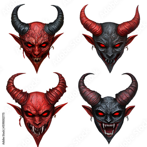 Collection of Four Unique Horned Demon Masks for Professional Use