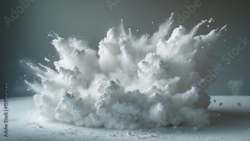 A large explosion or burst of powder creating a cloud of dust and particles flying outward in all directions.