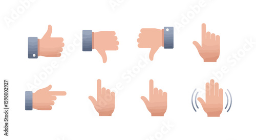 Illustration of eight hand gestures including thumbs up, thumbs down, pointing, waving, and clicking on a white background.