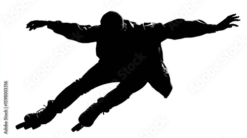 Silhouette of a person in mid-air, arms outstretched, gliding on inline skates. Dynamic and bold