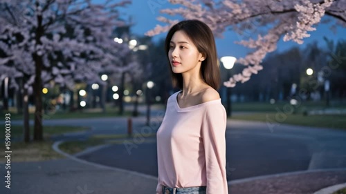 The subject walks past a cherry blossom tree at night. A single petal lands on their shoulder. They brush it off gently.
